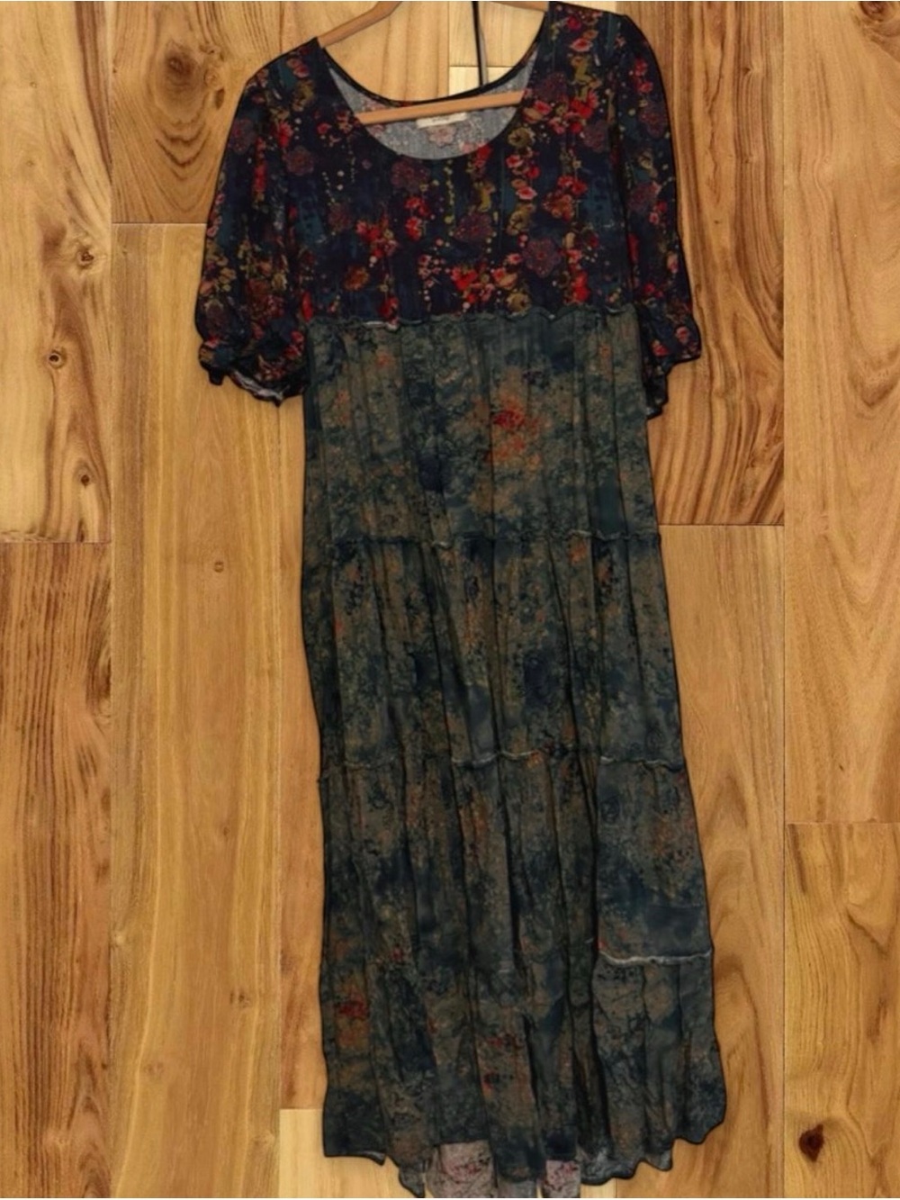NATURAL LIFE Navy Watercolor Floral Tiered Maxi with Red Accents